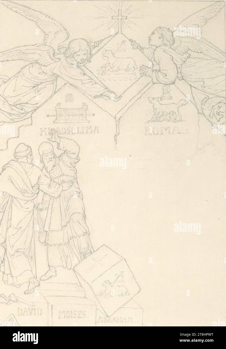 22) Salmo 117: La pietra di inciampare, un sommo sacerdote colpisce la pietra con il piede su cui è raffigurato l'Agnello di Dio, sopra di essa ci sono due angeli, serie di 30 parti: progetti per la pubblicazione "il Salterio", Josef von Führich, Kratzau 1800 - 1876 Vienna, disegno, matita, secondo Cahier: Passepartout: 20 x 14 cm, l.o. 'HIROSOLIMA'; r.o. 'ROMA'; l.u. 'DAVID MOISES ABRAHAM'; M.u. '22, Austria Foto Stock