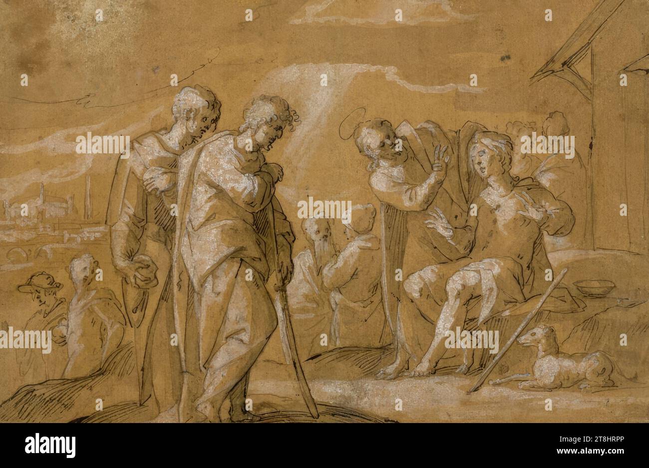 Gesù guarisce un cieco, fine XVI secolo, disegno, penna in grigio chiaro e nero su carta ocra dorata, accresciuta con bianco, 20,6 x 30,4 cm, l.o. in piuma in nero 'S. LVCA. XVIII CA Foto Stock