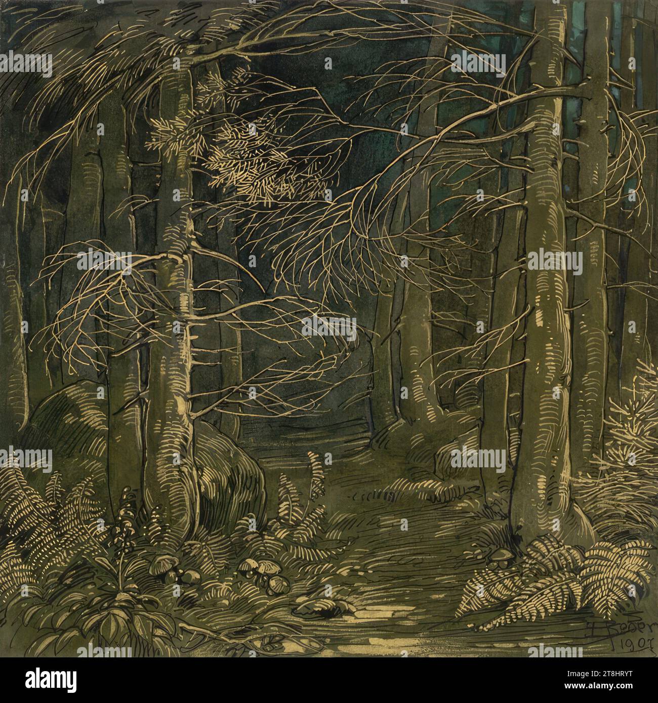 Studio della Foresta Nera, Anton Johann Nepomuk Seder, Monaco 1850 - 1916 Strasburgo, 1907, disegno, acquerello, colore opaco, penna nera, potenziata con pennello dorato, 181 x 182 mm, destra. In basso: "ASeder 1907", penna nera Foto Stock