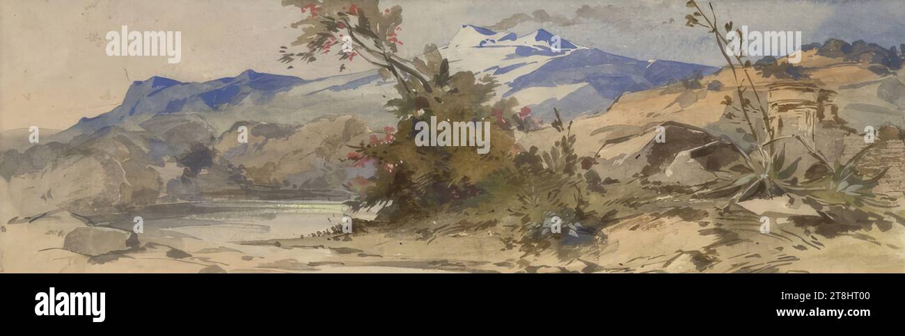 Paesaggio italiano con rovine di un tempio circolare e di un lago, Anton Johann Nepomuk Seder, Monaco 1850 - 1916 Strasburgo, 1877, disegno, acquerello, colore del corpo, sopra la matita; ampio bordo nero intorno all'immagine, 125 x 372 mm Foto Stock