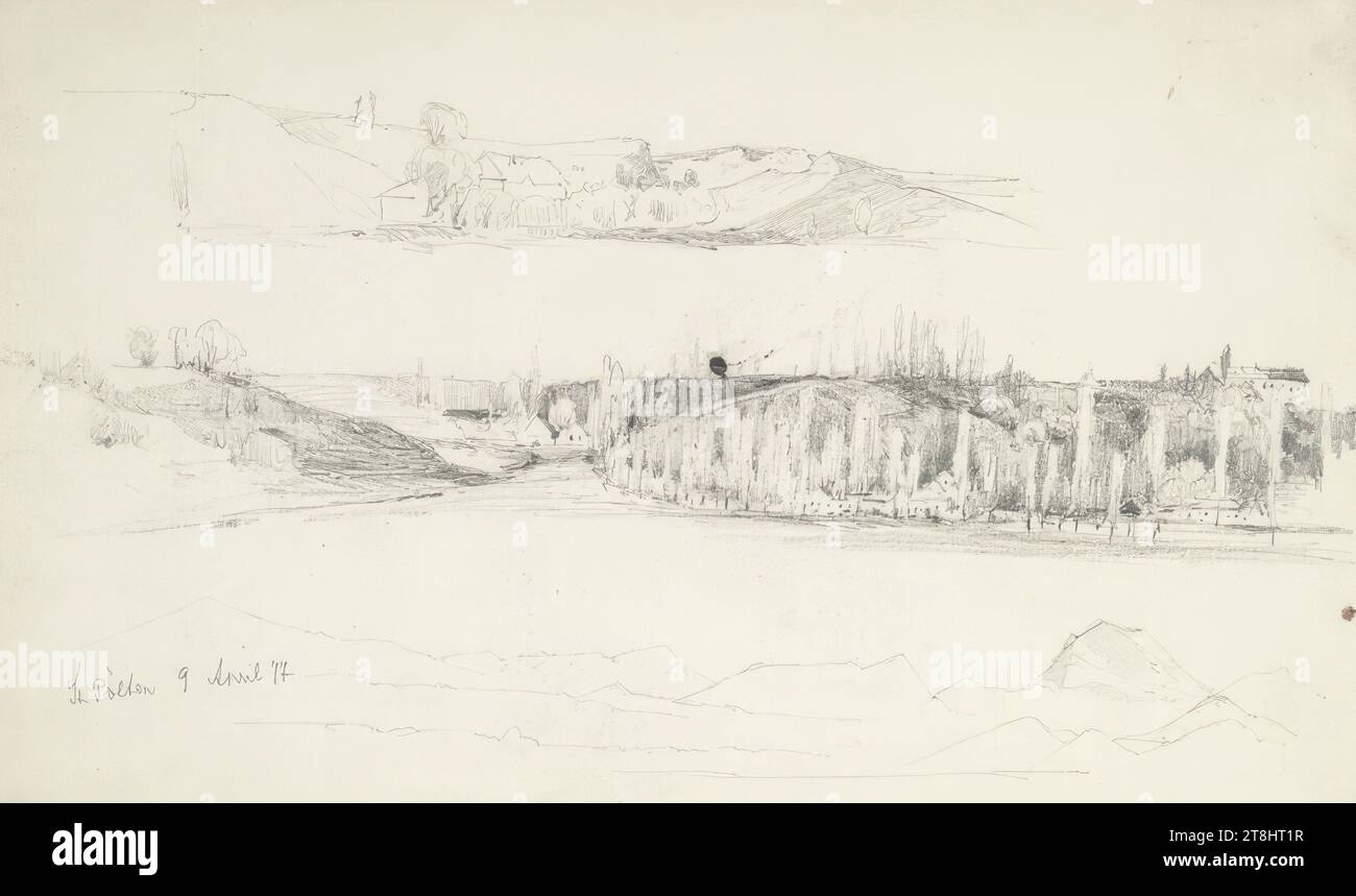 St Pölten, 9 aprile 1877, sketchbook Hörmann Theodor von; 19 pagine paginate, Theodor von Hörmann, Imst 1840 - 1895 Graz, 9 aprile 1877, sketchbook: 1876-1877, drawing, matita, foglio: 13,5 cm x 21,7 cm, l.l. 'St Pölten 9 aprile 77', matita Foto Stock