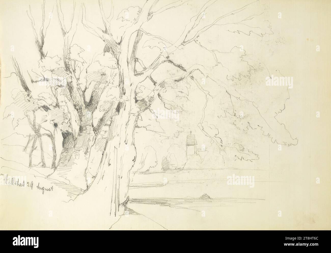 Millstatt, 29 agosto 1878?, Hörmann Theodor von's sketchbook; 28 pagine paginate, Theodor von Hörmann, Imst 1840 - 1895 Graz, sketchbook: 1877-1878, disegno, matita, foglio: 13,9 cm x 21 cm, l.l. 'Millstatt 29 August', matita Foto Stock