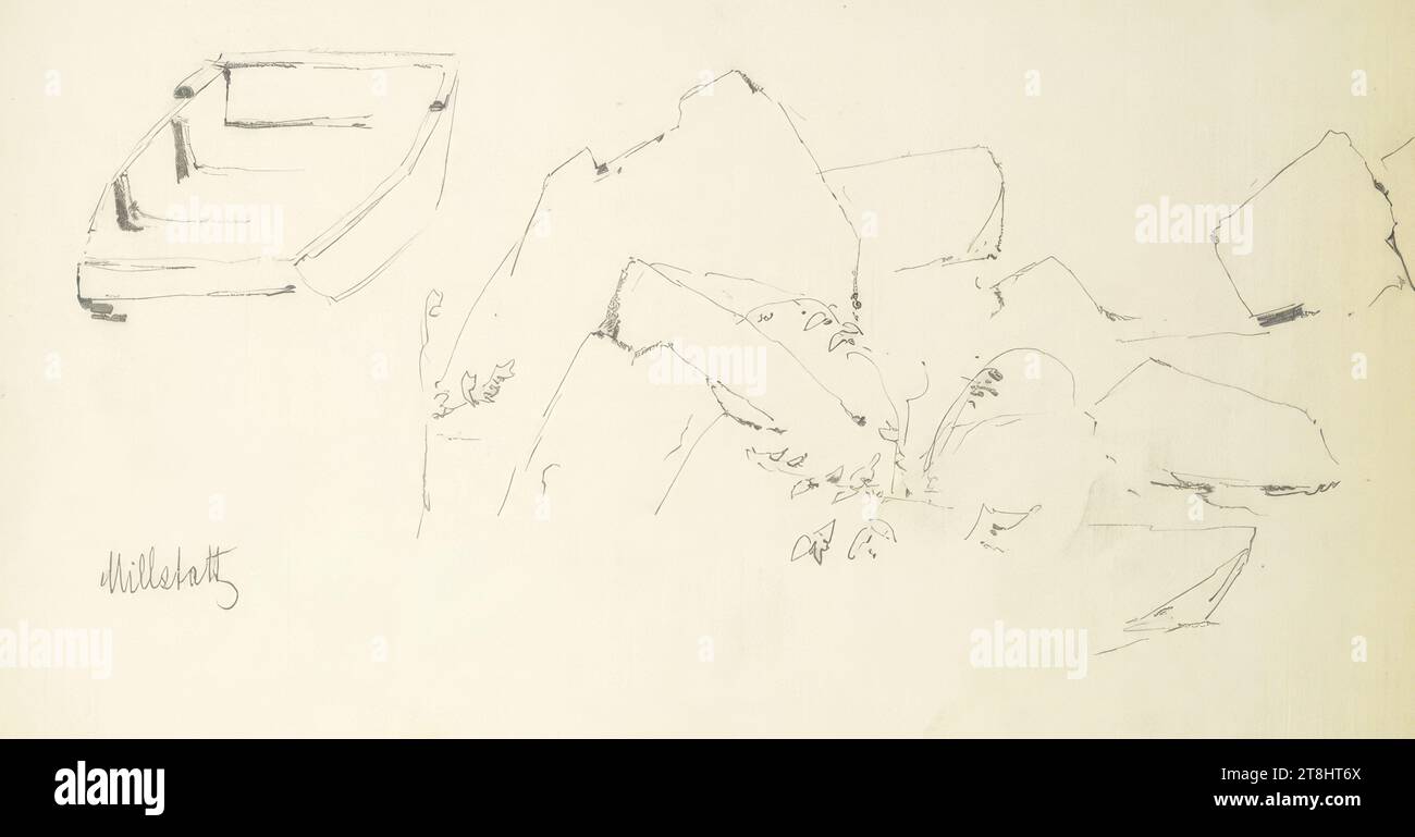 Millstatt, Hörmann Theodor von Sketchbook; 28 pagine impaginate, Theodor von Hörmann, Imst 1840 - 1895 Graz, sketchbook: 1877-1878, disegno, matita, foglio: 13,9 cm x 21 cm, l.l. 'Millstatt', matita Foto Stock