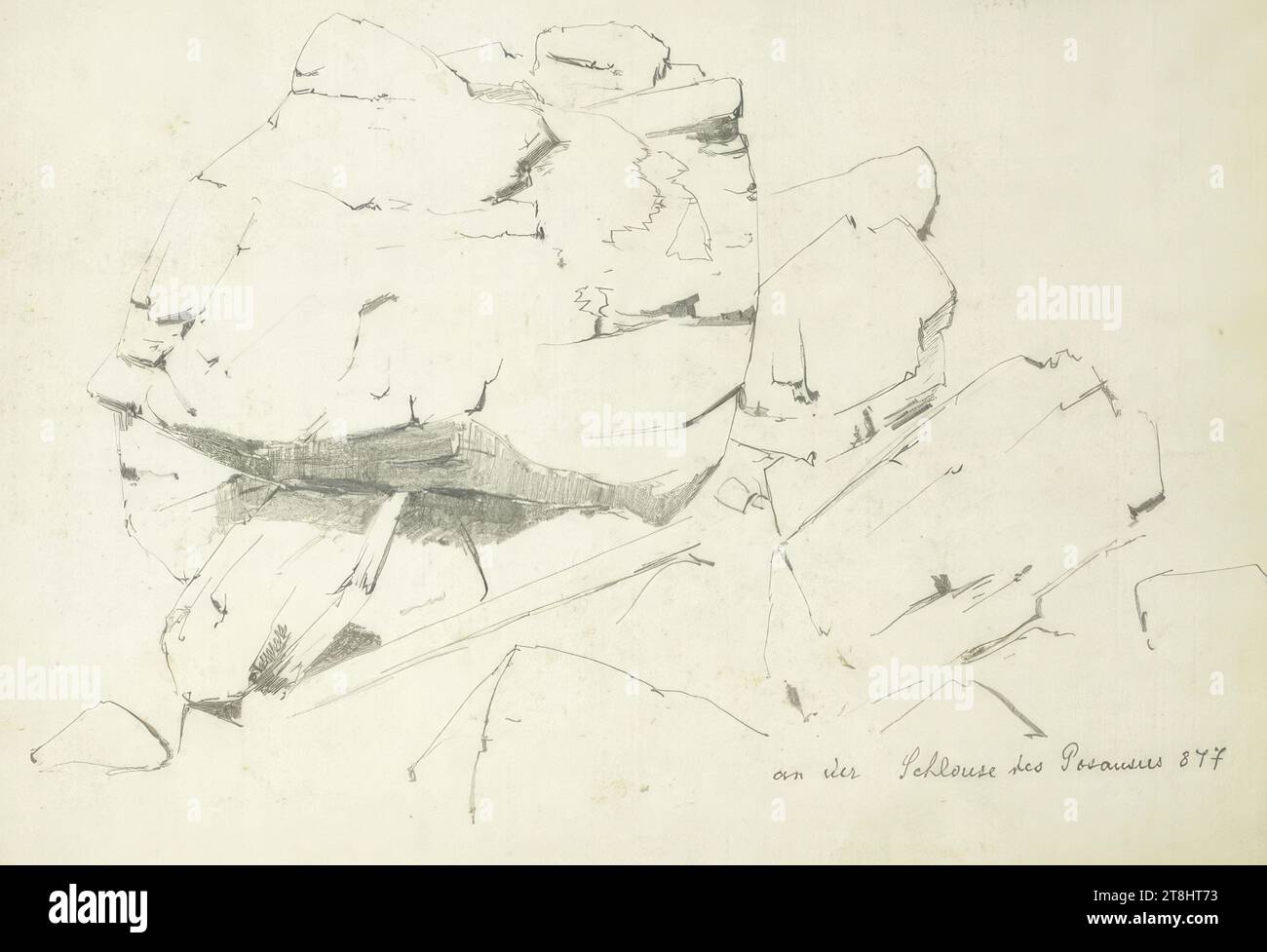 Alla serratura del Gosausee, bozzetto Hörmann Theodor von; 28 pagine impaginate, Theodor von Hörmann, Imst 1840 - 1895 Graz, 1877, bozzetto: 1877-1878, disegno, matita, foglio: 13,9 cm x 21 cm, destra. "Alla serratura del Gosausee 877", matita Foto Stock