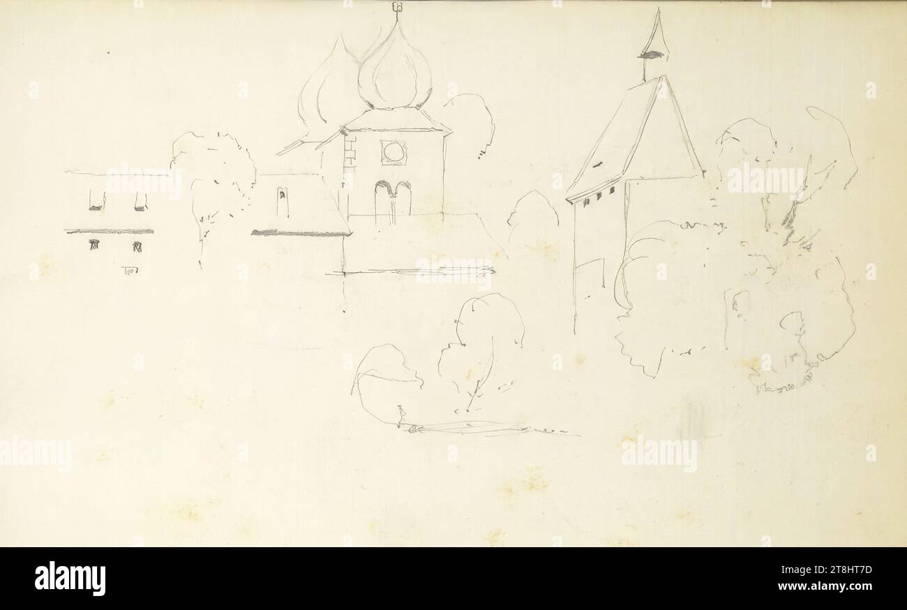 Veduta della chiesa collegiata di Millstatt, bozzetto di Hörmann Theodor von; 28 pagine paginate, Theodor von Hörmann, Imst 1840 - 1895 Graz, bozzetto: 1877-1878, disegno, matita, foglio: 13,9 cm x 21 cm Foto Stock