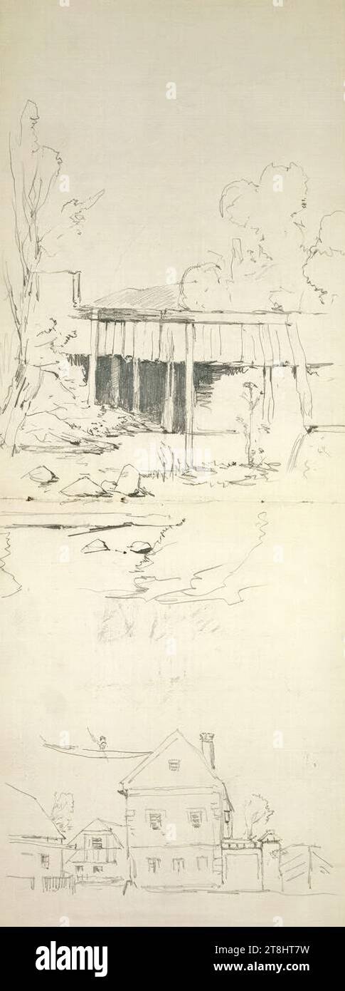 Schizzo di un ponte di legno sopra un ruscello, schizzo di una fattoria, bozzetto di Hörmann Theodor von; 28 pagine paginate, Theodor von Hörmann, Imst 1840 - 1895 Graz, bozzetto: 1877-1878, disegno, matita, foglio: 42 cm x 13,9 cm Foto Stock