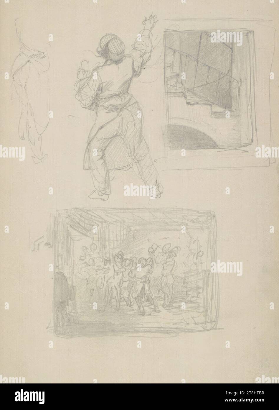 Studi per 'i Drinkers', bozzetto Danhauser Josef; 32 pagine impaginate, Josef Danhauser, Vienna 1805 - 1845 Vienna, 1844, disegno, matita, foglio: 18,9 cm x 12,5 cm, Austria Foto Stock