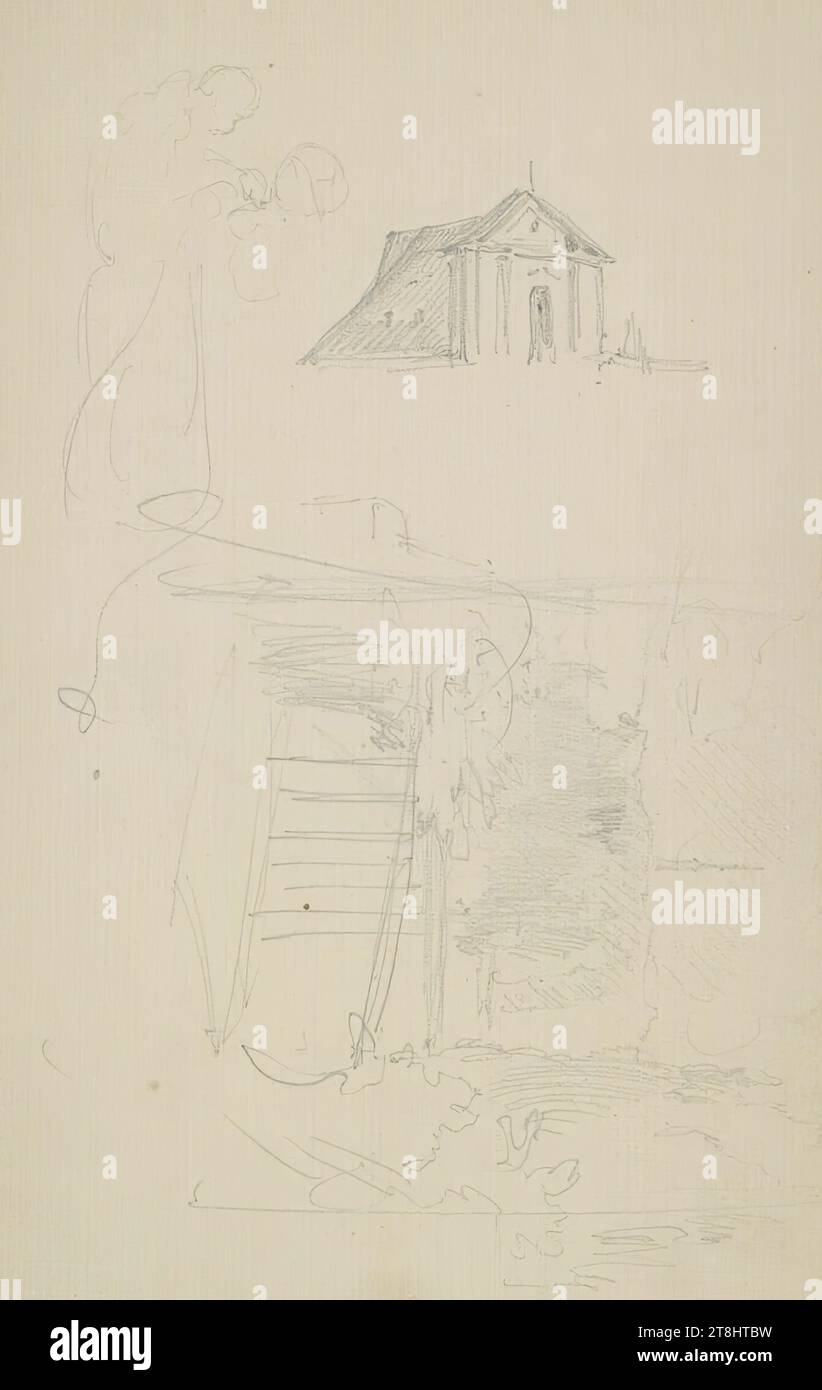 Bozzetto di una cappella e di un giardino, bozzetto Danhauser Josef; 32 pagine paginate, Josef Danhauser, Vienna 1805 - 1845 Vienna, 1844, disegno, matita, foglio: 18,9 cm x 12,5 cm, Austria Foto Stock