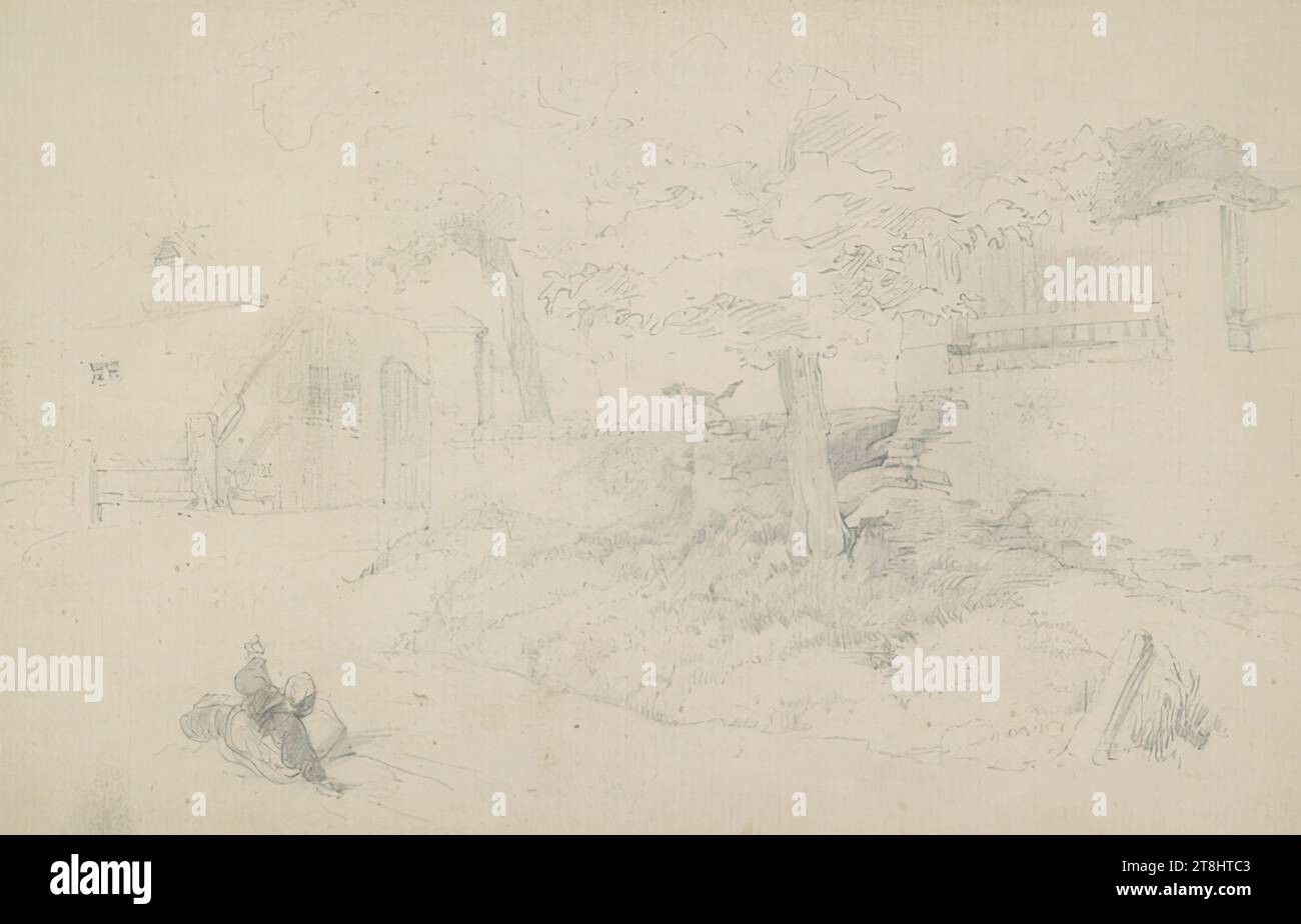 Cascina con cane abbaiante, bozzetto Danhauser Josef; 32 pagine impaginate, Josef Danhauser, Vienna 1805 - 1845 Vienna, 1844, disegno, matita, foglio: 12,5 cm x 18,9 cm, Austria Foto Stock