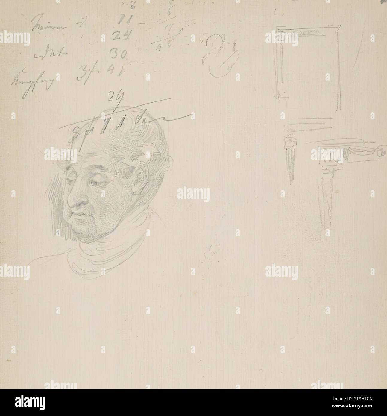 Note, uno studio della testa e schizzi di mobili, bozzetto Danhauser Josef; 32 pagine impaginate, Josef Danhauser, Vienna 1805 - 1845 Vienna, 1844, disegno, matita, foglio: 18,9 cm x 12,5 cm, Austria Foto Stock