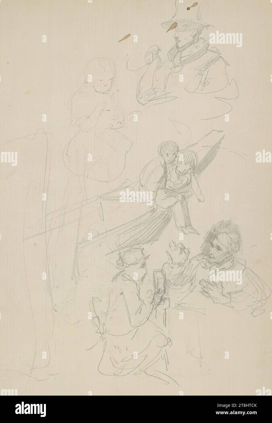 Studi preliminari per i "giocatori di carte", due bambini in barca, bozzetto Danhauser Josef; 32 pagine paginate, Josef Danhauser, Vienna 1805 - 1845 Vienna, 1844, disegno, matita, foglio: 18,9 cm x 12,5 cm, Austria Foto Stock
