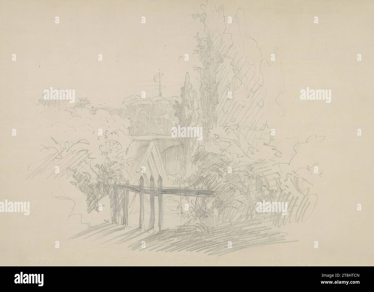 Studio del paesaggio, una recinzione in primo piano, bozzetto Danhauser Josef; 32 pagine paginate, Josef Danhauser, Vienna 1805 - 1845 Vienna, 1844, disegno, matita, foglio: 12,5 cm x 18,9 cm, Austria Foto Stock