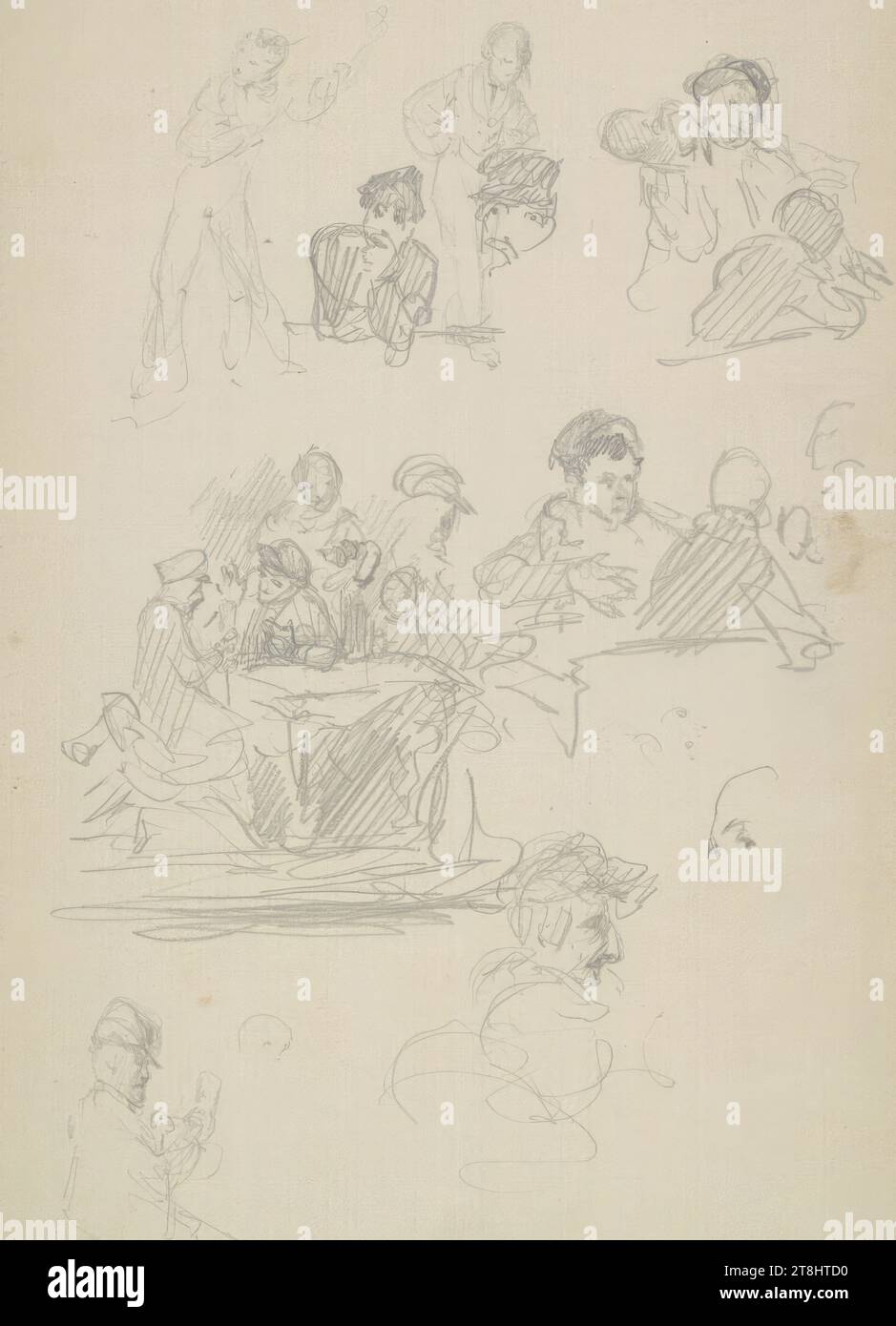 Studio preliminare per i "giocatori di carte", bozzetto Danhauser Josef; 32 pagine impaginate, Josef Danhauser, Vienna 1805 - 1845 Vienna, 1844, disegno, matita, foglio: 18,9 cm x 12,5 cm, Austria Foto Stock