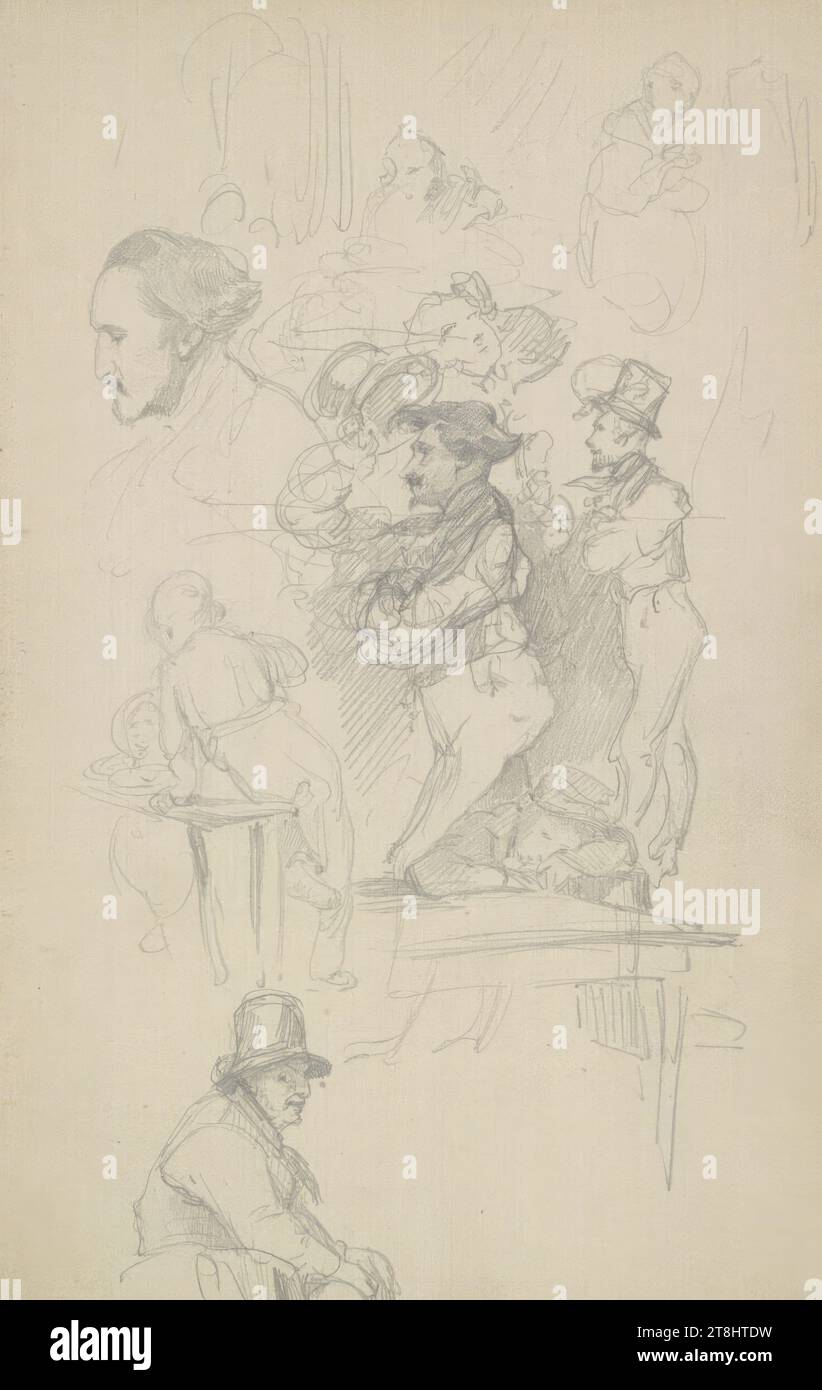Diversi studi di figura, tra cui un ragazzo che annuisce da una scrivania, bozzetto di Danhauser Josef; 32 pagine paginate, Josef Danhauser, Vienna 1805 - 1845 Vienna, 1844, disegno, matita, foglio: 18,9 cm x 12,5 cm, Austria Foto Stock