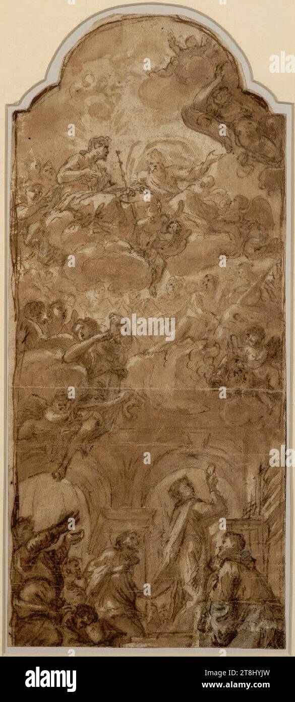 Celebrazione di un sacrificio di messa, San Giovanni di Malta?, disegno di una pala d'altare, disegno, gesso, penna, pennello, lavato, 31,1 x 13,6 cm, 12 1/4 x 5 3/8 Foto Stock