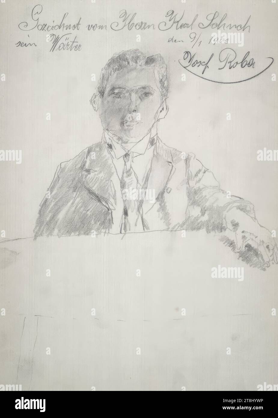 Ritratto studio di un uomo, sketchbook Schuch Carl; 33 pagine impaginate, Carl Schuch, Vienna 1846 - 1903 Vienna, 9 gennaio 1902, disegno, matita, foglio: 20,8 cm x 29,8 cm, M.O. 'firmato da Mr. Karl Schuch / la sua guardia il 9 gennaio 1902 / Josef Roba', matita, Austria Foto Stock