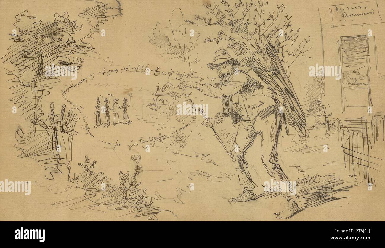 Scherzo: La rana nel vetro, uomo con butte, inginocchiato davanti a un letto, serie in 4 parti: Scherzi, Ernst Juch, Gotha 1838 - 1909 Vienna, disegno, penna, acquerello, secondo Cahier: 8,3 x 13,8 cm, 'infelice ', Cahier, Austria Foto Stock