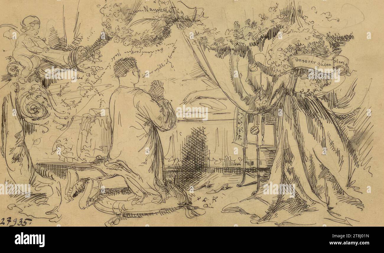 Scherzo: La rana nel vetro, uomo con butte, inginocchiato davanti a un letto, serie in 4 parti: Scherzi, Ernst Juch, Gotha 1838 - 1909 Vienna, disegno, penna, acquerello, secondo Cahier: 8,3 x 13,8 cm, 'infelice ', Cahier, Austria Foto Stock