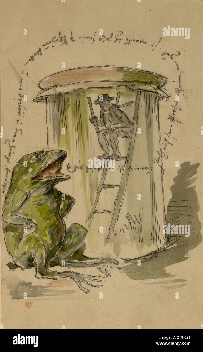 Scherzo: La rana nel vetro, uomo con butte, inginocchiato davanti a un letto, serie in 4 parti: Scherzi, Ernst Juch, Gotha 1838 - 1909 Vienna, disegno, penna, acquerello, secondo Cahier: 14 x 8,3 cm, 'infelice ', Cahier, Austria Foto Stock