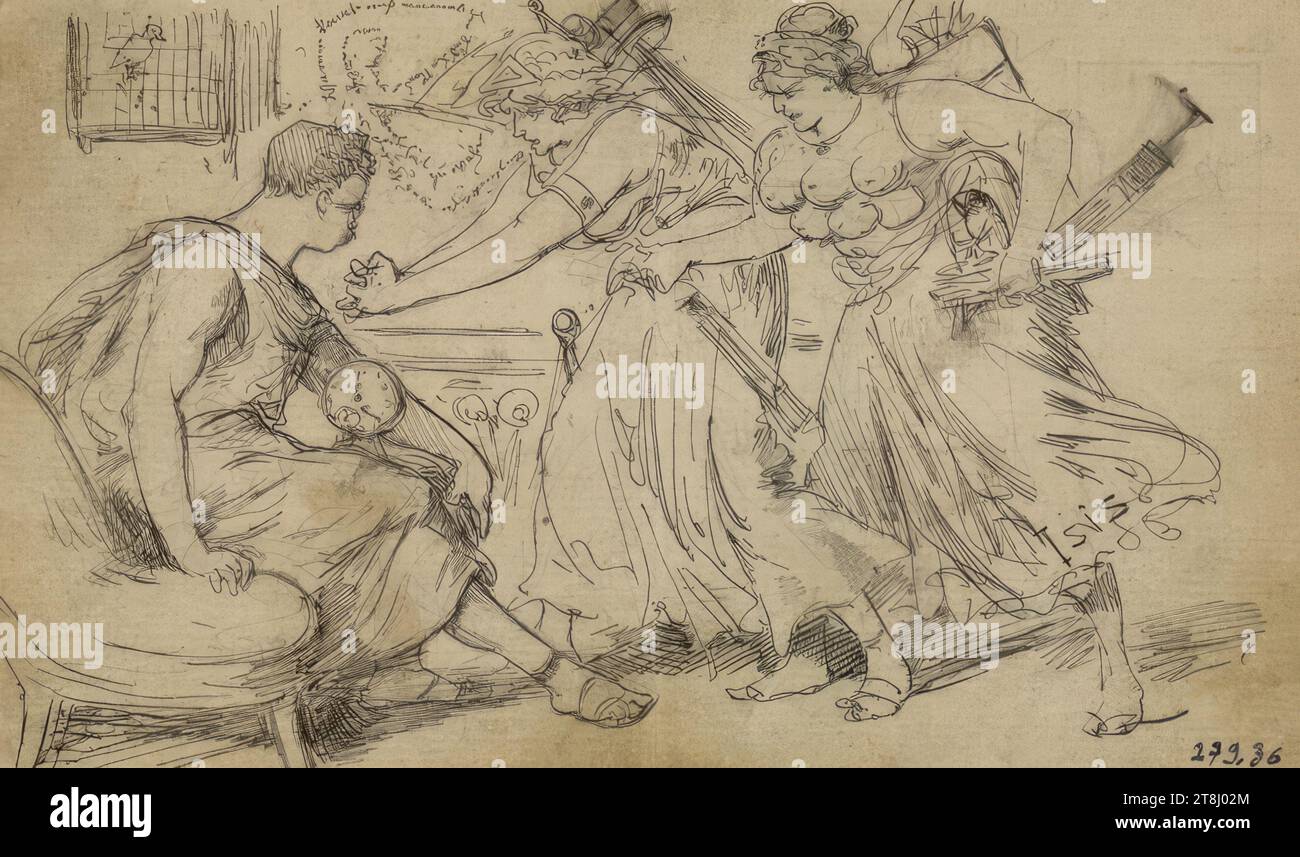 Scherzo: La rana nel vetro, uomo con butte, inginocchiato davanti a un letto, serie in 4 parti: Schezbilder, Ernst Juch, Gotha 1838 - 1909 Vienna, disegno, penna, acquerello, secondo Cahier: 8 x 13,7 cm, 'infelice ', Cahier, Austria Foto Stock