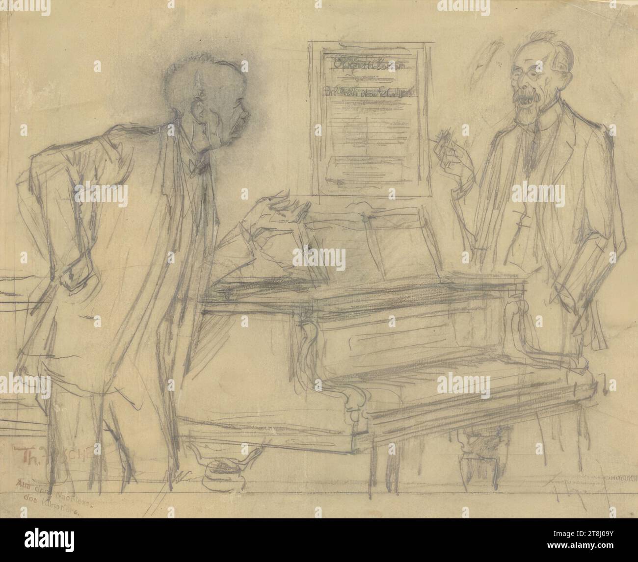 Caricatura: Richard Strauss e Franz Schalk al pianoforte, Theodor Zasche, Vienna 1862 - 1922 Vienna, disegno, matita, secondo Cahier: 17,2 x 22,2 cm, l.l. 'th. ZASH / dalla tenuta / dell'artista, Austria Foto Stock