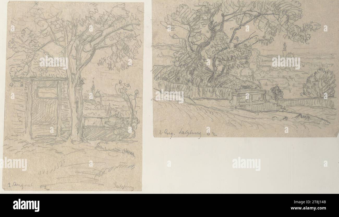 Salzburg, 2 agosto 1902, sketchbook Ribarz Rudolf; 30 pagine impaginate, Rudolf Ribarz, Vienna 1848 - 1904 Vienna, 2 agosto 1902, disegno, matita, foglio: 22,2 cm x 30 cm, disegno a sinistra: a destra. Salisburgo, Austria Foto Stock