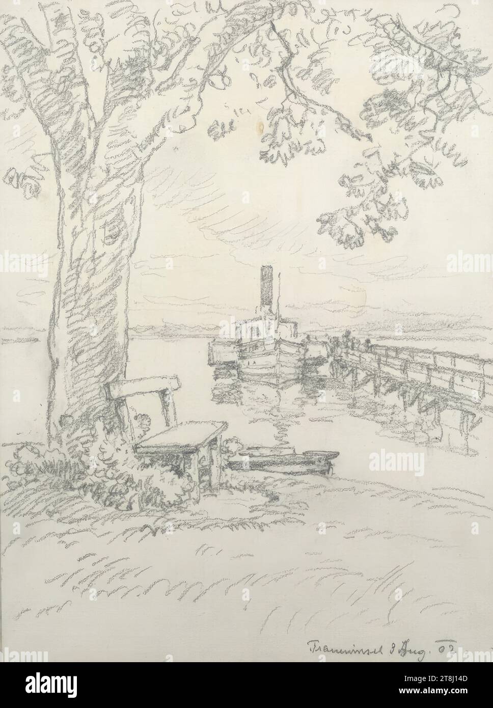 Fraueninsel, 9 agosto 1902, sketchbook Ribarz Rudolf; 30 pagine impaginate, Rudolf Ribarz, Vienna 1848 - 1904 Vienna, 9 agosto 1902, disegno, matita, foglio: 30 cm x 22,2 cm, destra. "Women's Island 9 agosto 2002, Austria Foto Stock