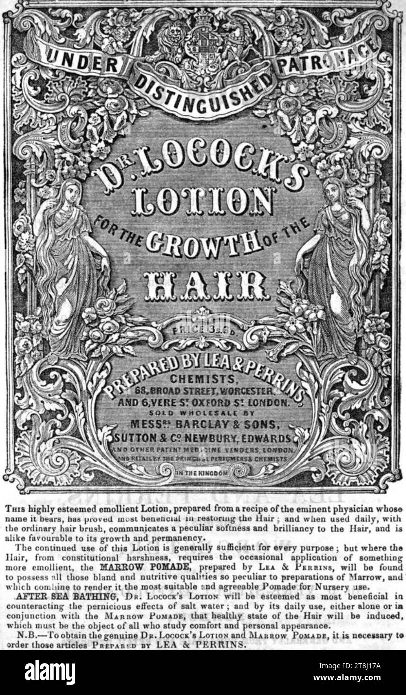 Prima pagina di Lea & Perrins opuscolo pubblicitario che descrive la loro produzione di lozione per la crescita dei capelli del Dr. Locock, 1846 Foto Stock