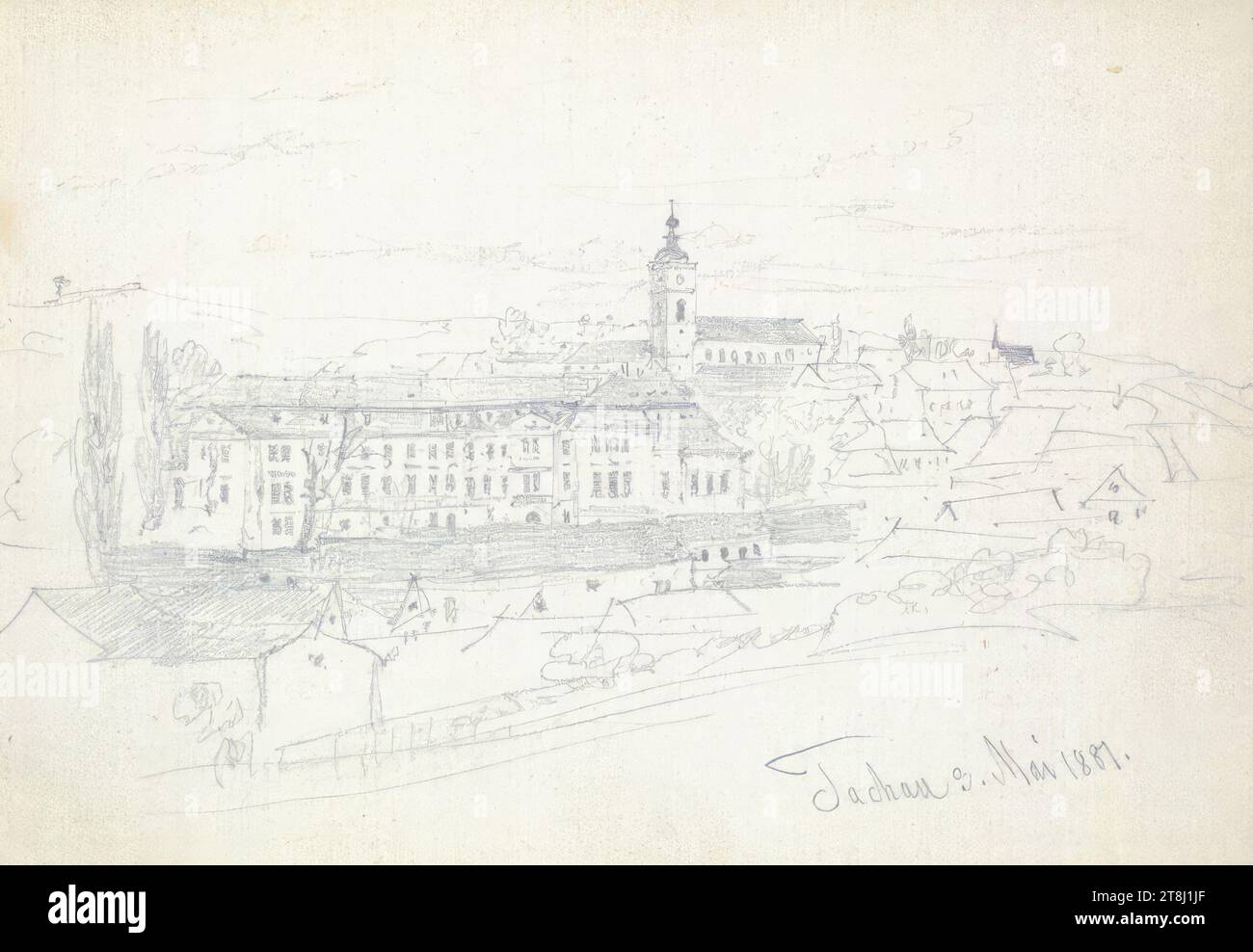 Tachau, 3 maggio 1881, sketchbook Alt Franz; 27 pagine impaginate, Franz Alt, Vienna 1821 - 1914 Vienna, 3 maggio 1881, sketchbook: 1879-1883, disegno, matita, foglio: 9,6 cm x 14,1 cm, Austria Foto Stock