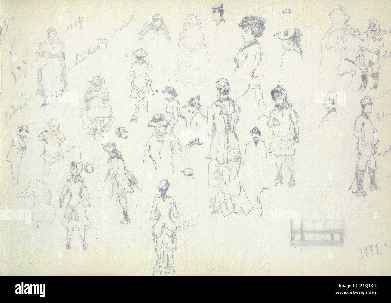 Vari schizzi, 1882, alt Franz sketchbook; 27 pagine paginate, Franz Alt, Vienna 1821 - 1914 Vienna, 1882, bozzetto: 1879-1883, disegno, matita, foglio: 9,6 cm x 14,1 cm, Austria Foto Stock