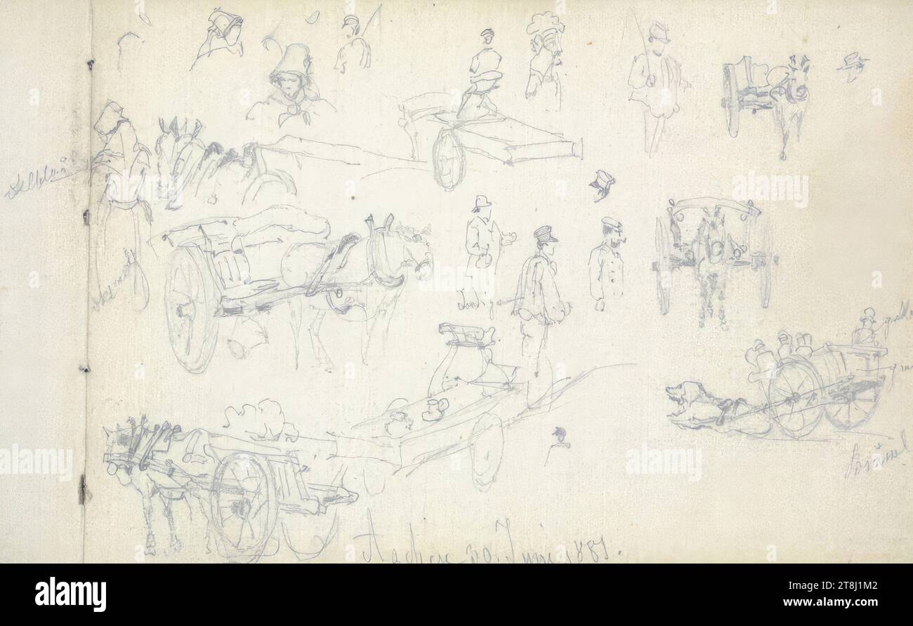 Various Sketches, Aquisgrana, 30 giugno 1881, alt Franz Sketchbook; 27 pagine impaginate, Franz Alt, Vienna 1821 - 1914 Vienna, 30 giugno 1881, bozzetto: 1879-1883, disegno, matita, foglio: 9,6 cm x 14,1 cm, Austria Foto Stock