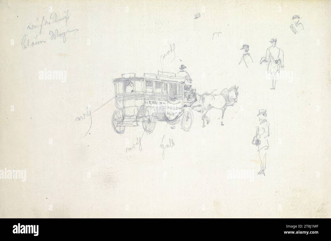 Schizzo per una diligenza con dettagli di colore, alt Franz sketchbook; 27 pagine paginate, Franz Alt, Vienna 1821 - 1914 Vienna, bozzetto: 1879-1883, disegno, matita, foglio: 9,6 cm x 14,1 cm, Austria Foto Stock