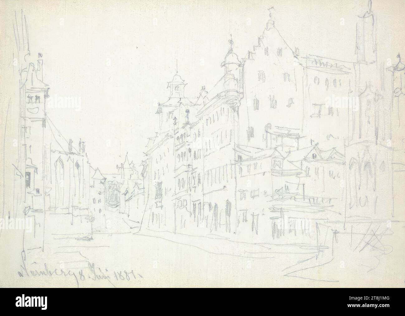 Norimberga, 8 giugno 1881, bozzetto Alt Franz; 27 pagine, Franz Alt, Vienna 1821 - 1914 Vienna, 8 giugno 1881, bozzetto: 1879-1883, disegno, matita, foglio: 9,6 cm x 14,1 cm, Austria Foto Stock