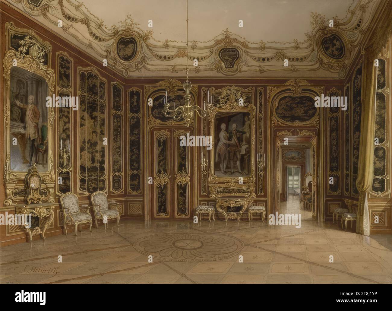 Interno da Palazzo Schönbrunn, Franz Heinrich, Náchod 1802, 1803 GND, -1890 Brunn am Gebirge, disegno, acquerello, accresciuto di bianco, secondo Cahier: 33,5 x 45,8 cm, l.l. '28919 Foto Stock