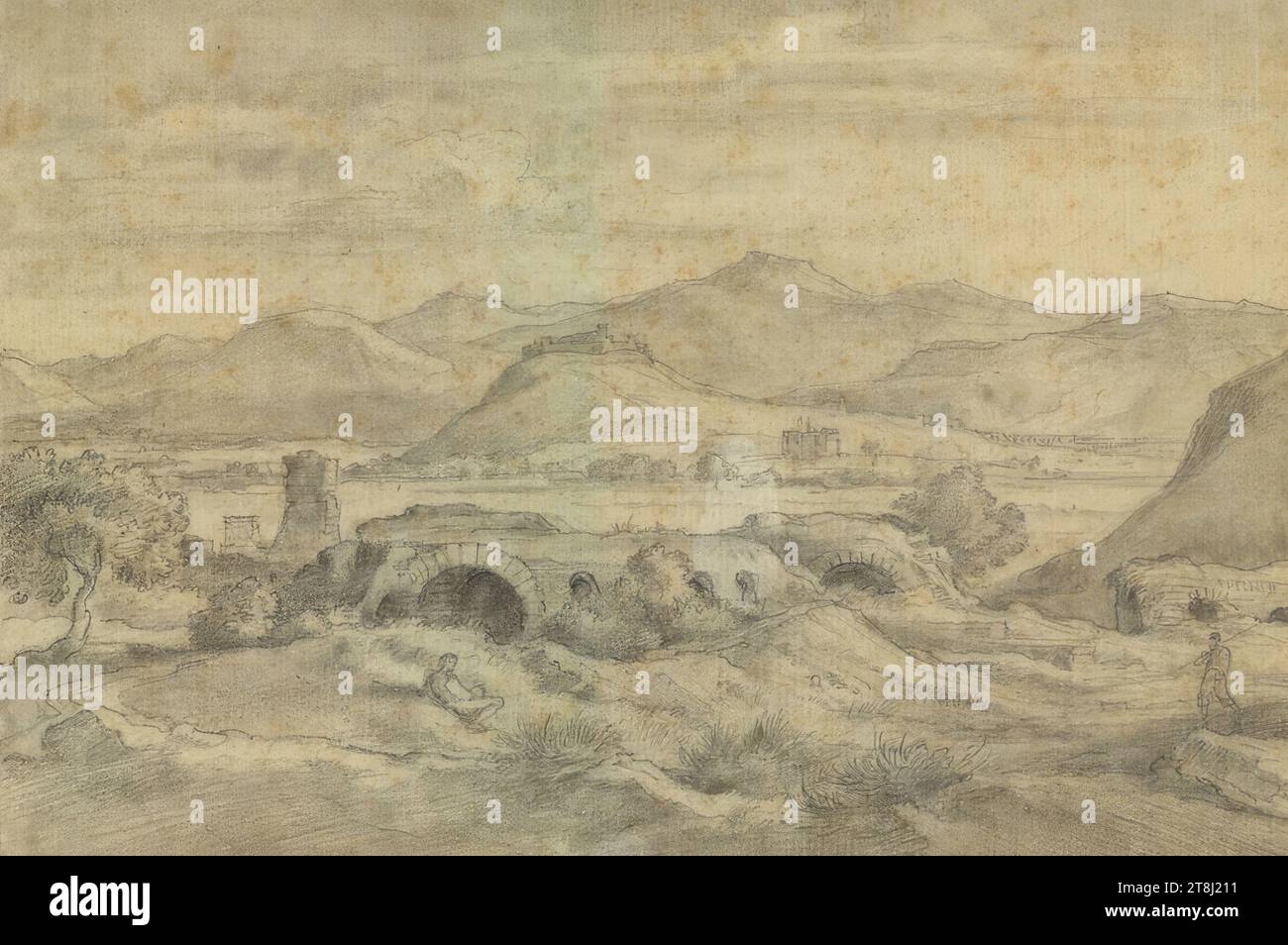 Paesaggio italiano, campagna romana?, Ferdinand Olivier, Dessau 1785 - 1841 Monaco di Baviera, 1830-40, disegno, matita, asciugato, su carta giallo-verdastra, bordo a matita, 17,1 x 24,4 cm, secondo Cahier: verso Prince Johann George of Saxony, L. 1466, l.l. 'F. v. Olivier', matita; non autografo Foto Stock