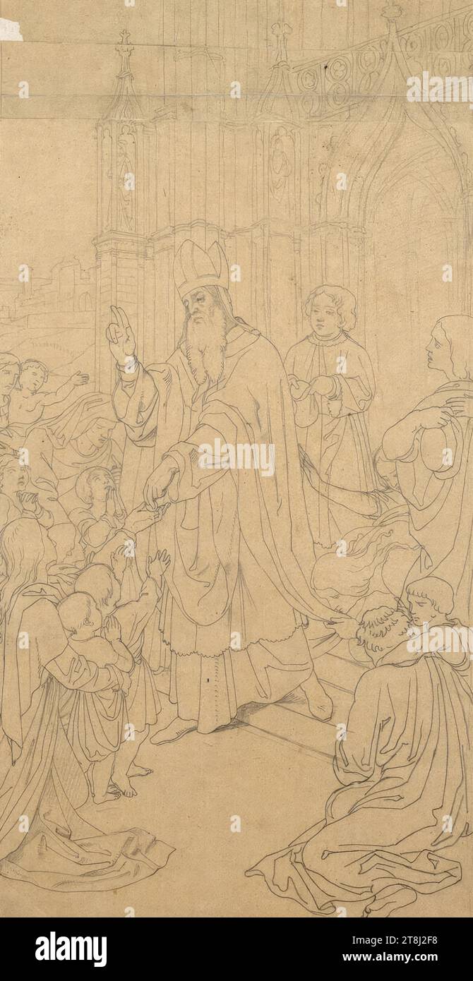 Vescovo donatore di elemosina, Nicholas, Ambrosius?, Eduard von Engerth, Pleß/poi alta Slesia, oggi: Pszczyna/Polonia, 1818 - 1897 Semmering, 1855-1860, disegno, matita, carta da ricalco, secondo Cahier: apertura passepartout: 41 x 21,1 cm, l.l. '29076.f Vicolo Borghetto N 98. Archille Foto Stock