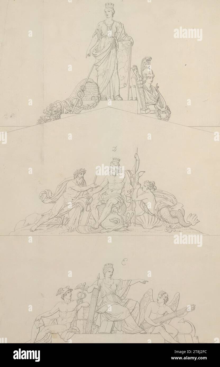 Tre pannelli a timpano con divinità antiche, Joseph Klieber, Innsbruck 1773 - 1850 Vienna, disegno, penna in grigio, secondo Cahier: Passepartout: 43 x 27,2 cm, M. 'D'; M.u. 'e'; r.u. 'Jos Klieber, Austria Foto Stock
