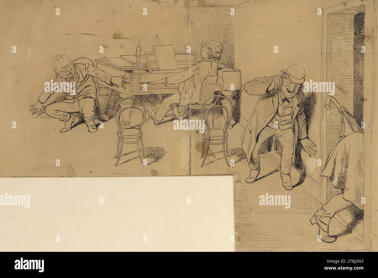 Caricatura: Il pianista guida gli ospiti fuori dalla caffetteria, Emil Reinicke, Zerbst 1859 - 1942 Monaco, 1886, disegno, penna in nero, sopra la matita, su carta marrone, 281 x 400 mm Foto Stock