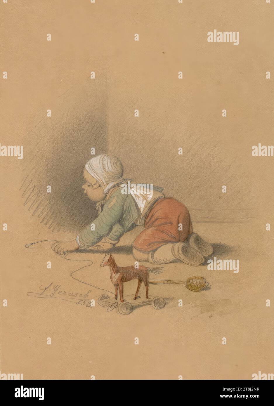 Ragazzo con giocattoli, Franz Gerasch, Vienna 1826 - 1906 Vienna, 1853, disegno, matita, acquerello, accentuato con bianco, 15 x 10,3 cm, l.l. '29121.'; r.u. '312, Austria Foto Stock