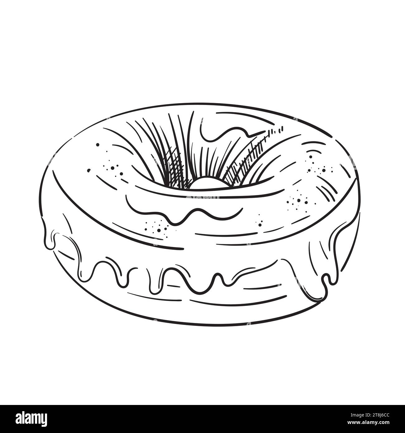 Profilo Doodle Donut illustrazione vettoriale in bianco e nero isolata su sfondo bianco. Disegno delle ciambelle dello schizzo della linea. Una bevanda in stile schizzo da cui partire Illustrazione Vettoriale