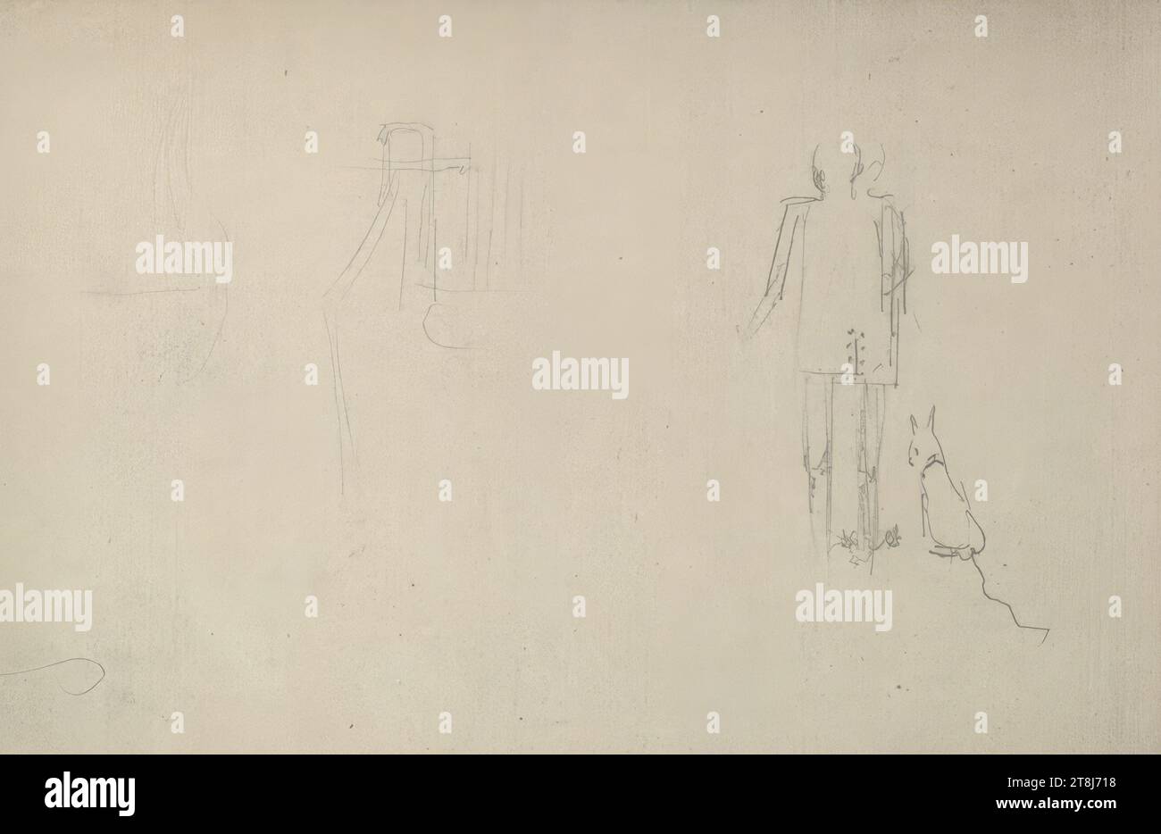 Caricatura di un uomo con un cane; schizzi indistinti, bozzetto Swoboda Emerich Alexius; 81 pagine paginate, Emerich Alexius Swoboda, Enzenreith-Wörth 1849 - 1920 Vienna, intorno al 1871?, disegno, matita, foglio: 10,6 x 17,7 cm, Austria Foto Stock