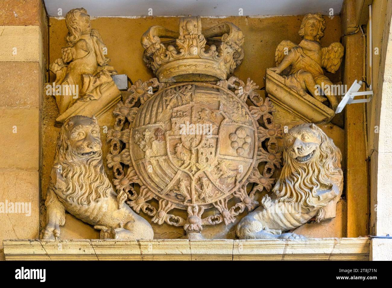Oviedo, Spagna, scultura di stemma in pietra. Forse in Piazza Fontan. Stemma scolpito in pietra con leoni e corona Foto Stock