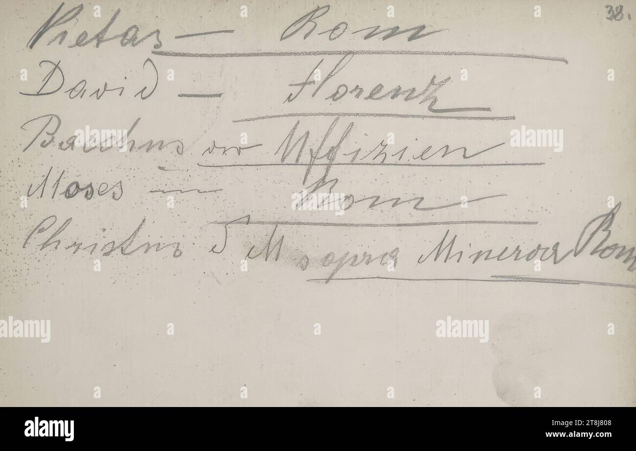 Lista delle antiche sculture e loro collocazione locale, bozzetto Swoboda Emerich Alexius; 47 pagine paginate e 3 disegni incollati, Emerich Alexius Swoboda, Enzenreith-Wörth 1849 - 1920 Vienna, disegno, matita, foglio: 10,7 x 15 cm, Austria Foto Stock
