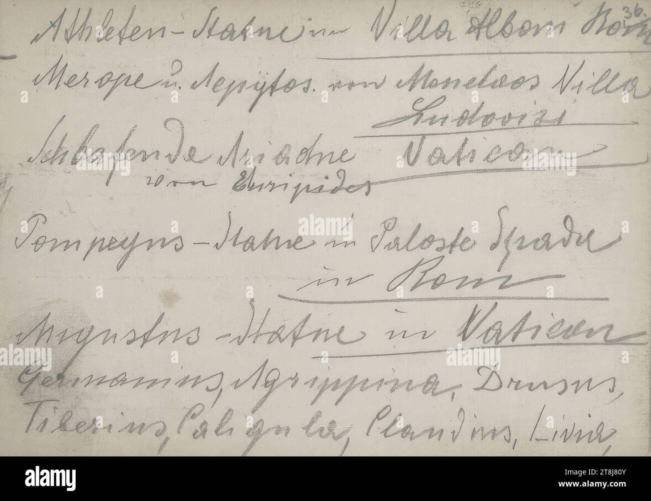 Lista delle antiche sculture e loro collocazione locale, bozzetto Swoboda Emerich Alexius; 47 pagine paginate e 3 disegni incollati, Emerich Alexius Swoboda, Enzenreith-Wörth 1849 - 1920 Vienna, disegno, matita, foglio: 10,7 x 15 cm, Austria Foto Stock