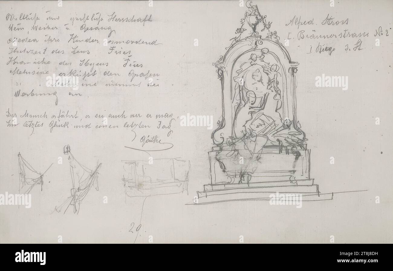 Disegno di un monumento, note; citazione di Goethe, bozzetto Swoboda Emerich Alexius; 59 pagine paginate e 4 pagine non paginate, dopo il 59, Emerich Alexius Swoboda, Enzenreith-Wörth 1849 - 1920 Vienna, disegno, matita, foglio: 13 x 22 cm, l.o. ' / vino, donna e canzone / Medea assassina i suoi figli / matrimonio del fregio di Zeus / Gru del fregio di Ibycus / baci di melusina il conte / Melusina accetta il / corteggiamento "; M.L. 'Man viene a sapere di essere chiunque gli piaccia, / un'ultima felicità e un ultimo giorno. / Göethe{sic]'; r.o. 'Alfred Stross / I.. Bräunerstrasse N: 2 / i Staircase 3rd St, Austria Foto Stock