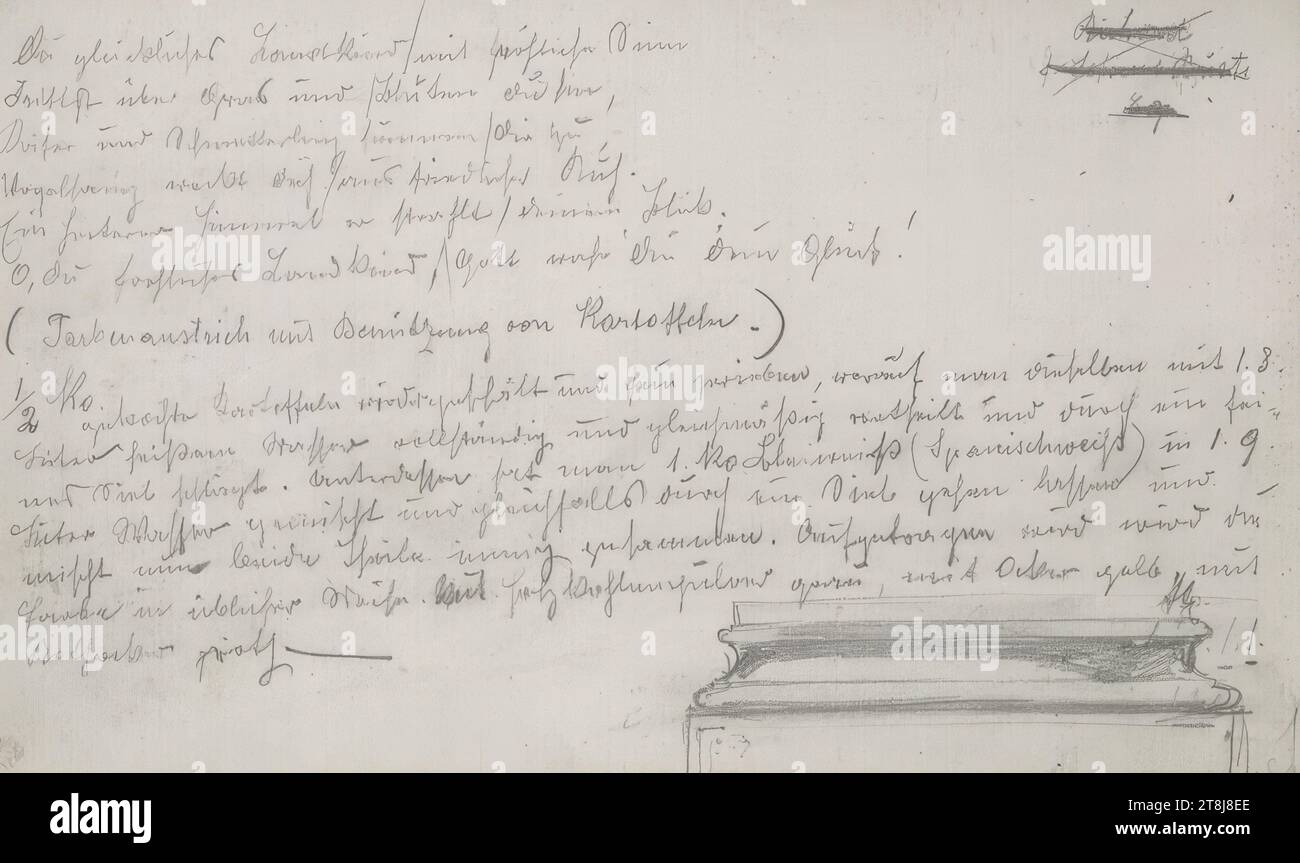 Poesia e note, bozzetto Swoboda Emerich Alexius; 59 pagine paginate e 4 pagine non paginate, dopo il 59, Emerich Alexius Swoboda, Enzenreith-Wörth 1849 - 1920 Vienna, disegno, matita, foglio: 13 x 22 cm, l.o. '; M.L. ', verniciare con patate / 1/2 Ko le patate bollite vengono sbucciate e grattugiate finemente, quindi mescolate con 1,8. / Litro di acqua dolce completamente e uniformemente, Austria Foto Stock