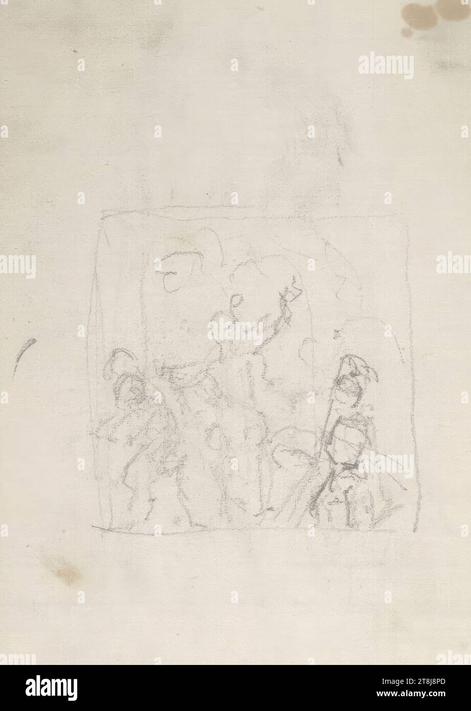 Figura schizzo in campo immagine incorniciato, bozzetto Swoboda Emerich Alexius; 54 pagine paginate, pagina 51 mancante, e 4 disegni incollati, alle pagine 53a-53d, Emerich Alexius Swoboda, Enzenreith-Wörth 1849 - 1920 Vienna, 1892, disegno, matita, foglio: 17 x 11,1 cm, Austria Foto Stock