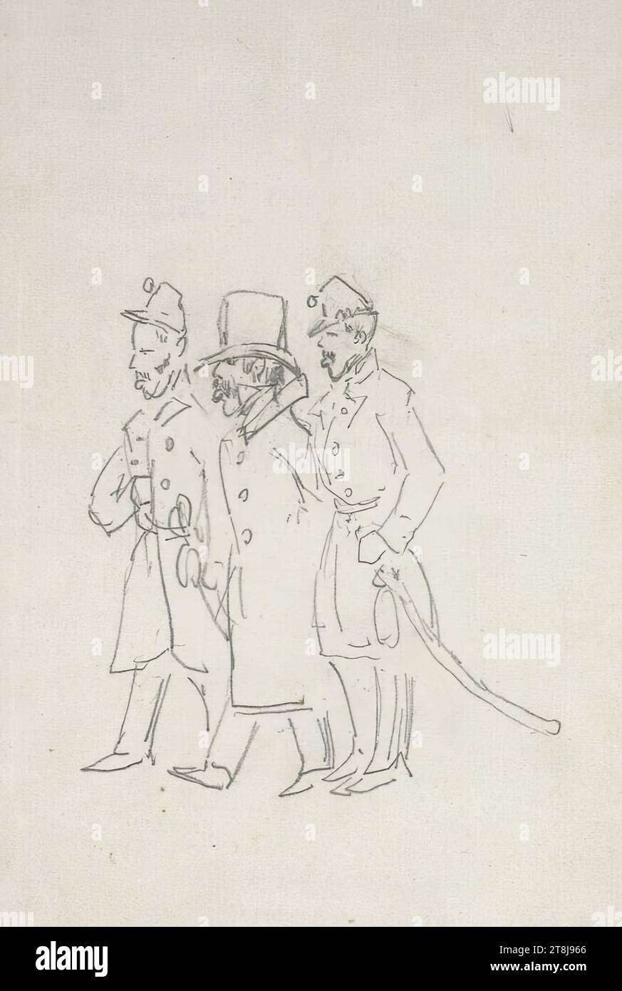 Caricatura di due soldati che conducono via un gentiluomo che indossa un cappotto e un cappello, cartella con 20 fogli di schizzo sciolti, Friedrich Gauermann, Miesenbach 1807 - 1862 Vienna, intorno al 1829, disegno, matita, foglio: 19,6 cm x 12,6 cm, Austria Foto Stock