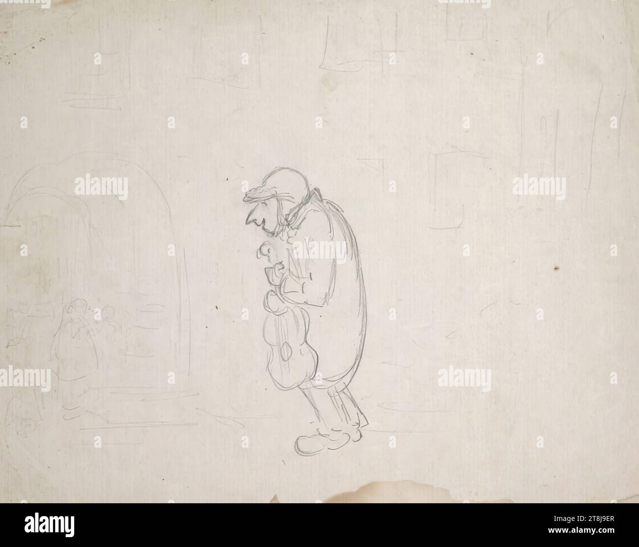 Caricatura di un violinista di fronte a una facciata con cancello d'ingresso, cartella con 20 fogli di schizzi, Friedrich Gauermann, Miesenbach 1807 - 1862 Vienna, intorno al 1829, disegno, matita, foglio: 20,1 cm x 24,8 cm, Austria Foto Stock