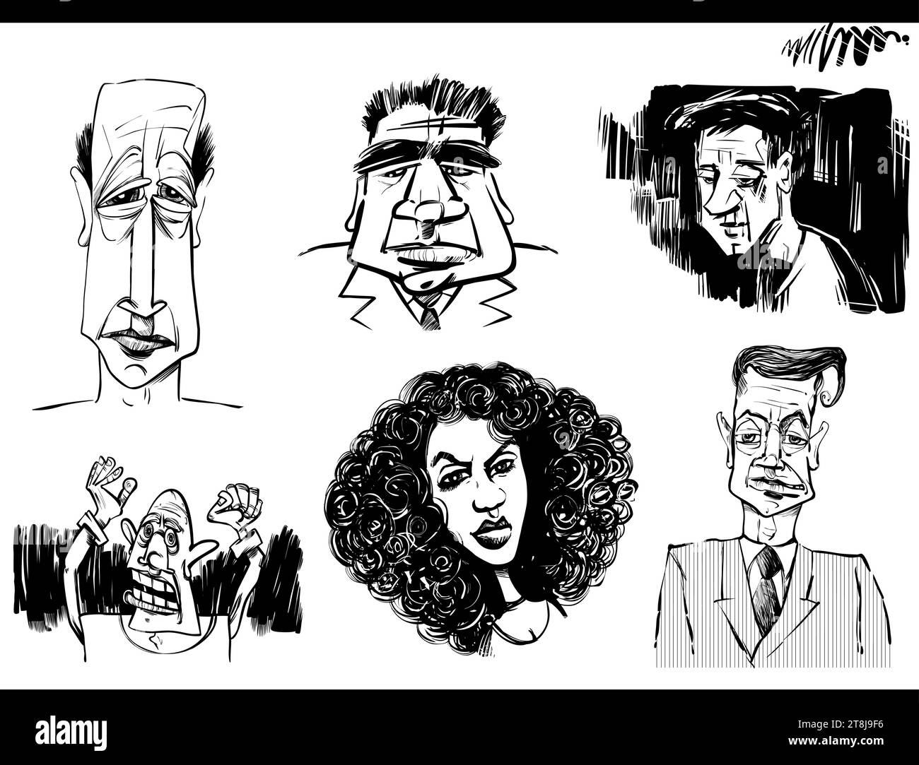 cartone animato in bianco e nero illustrazione caricatura di personaggi personaggi personaggi set di ritratti Illustrazione Vettoriale